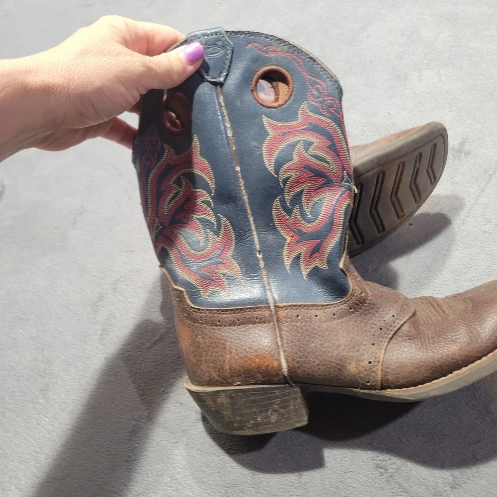 Justin Cowboy‎ Boots Kids 4D Brown Blue 2520JR Square Toe Western Leather Rodeo
